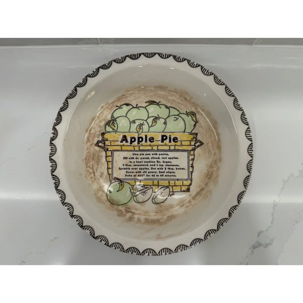 Vintage Ceramic Apple Pie Dish Recipe 10 Inch White Green Farmhouse Baking Pan